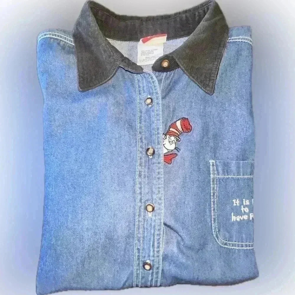 Dr. Seuss plus size 18/20 button-down denim top with black corduroy collar